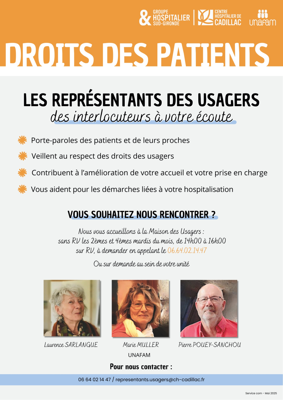 Affiche sur la permanence des représentatns des usagers au CH de Cadillac avec les moyens de contact